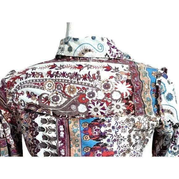 Crown of Hearts Shirt Womens Size S Top Boho Patchwork  Button Down Collared Adj - Picture 12 of 16